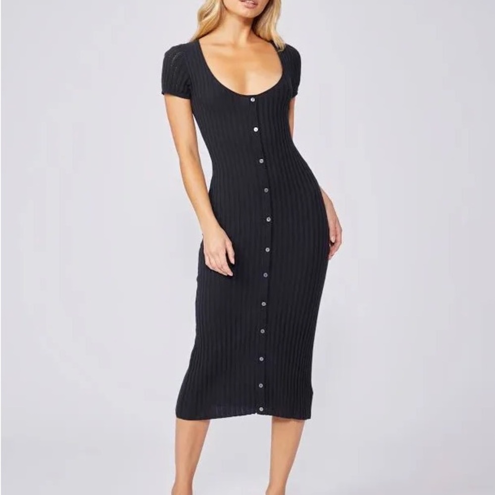 PAIGE Women's Anthy Ribbed Short Sleeve Black Bodycon Midi Dress Medium